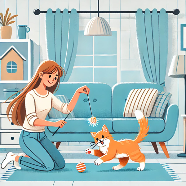 Woman playing with her ginger cat in a cozy living room