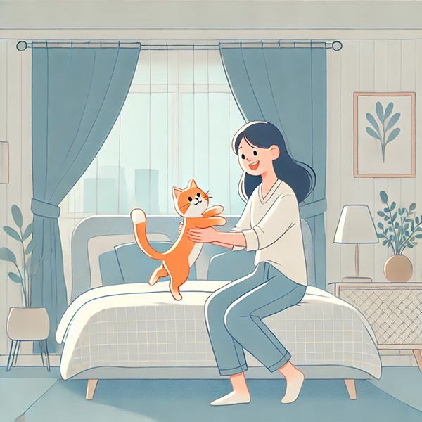 Woman playing with her orange cat in the bedroom