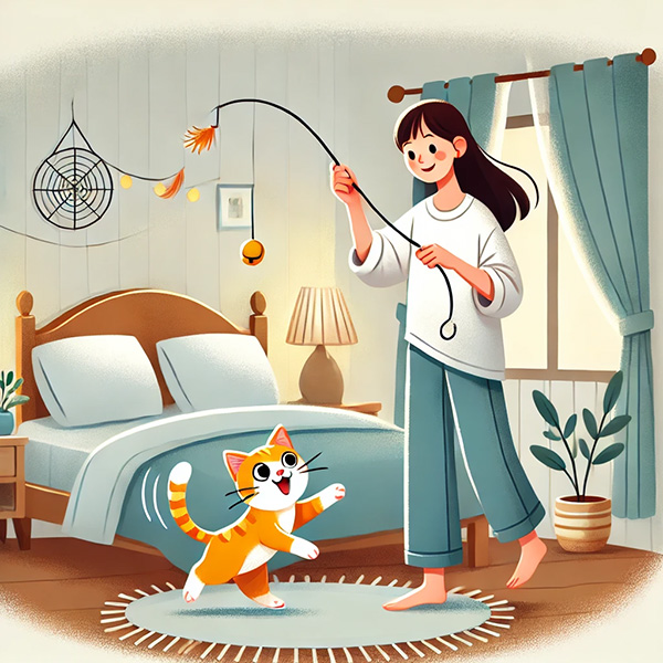 Woman playing with her orange cat