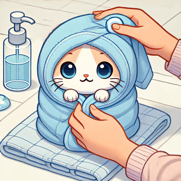 Cat wrapped gently in a light blue towel