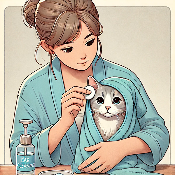 Woman cleaning her cat's ears