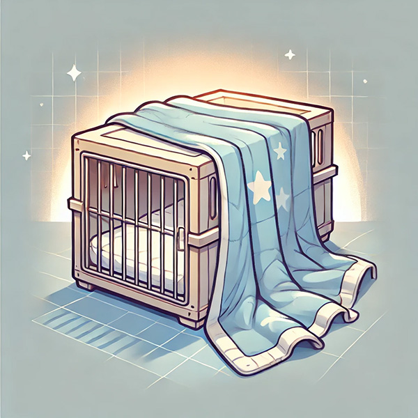 Dog crate covered with a blanket