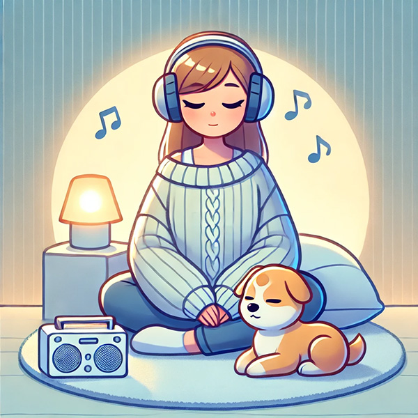 Woman and her dog listening to calming music together