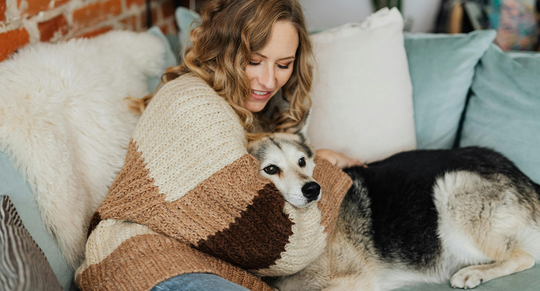 A woman in a cozy knitted sweater hugs her husky mix dog on a couch with soft pillows. She smiles warmly while the dog rests its head on her arm, looking relaxed.