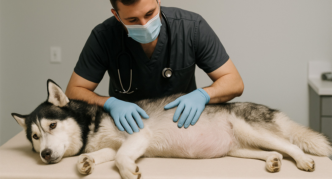 A veterinarian in scrubs, gloves, and a face mask gently palpates the belly of a husky lying on an exam table, checking for signs of discomfort or bloating. The dog looks calm but slightly lethargic.