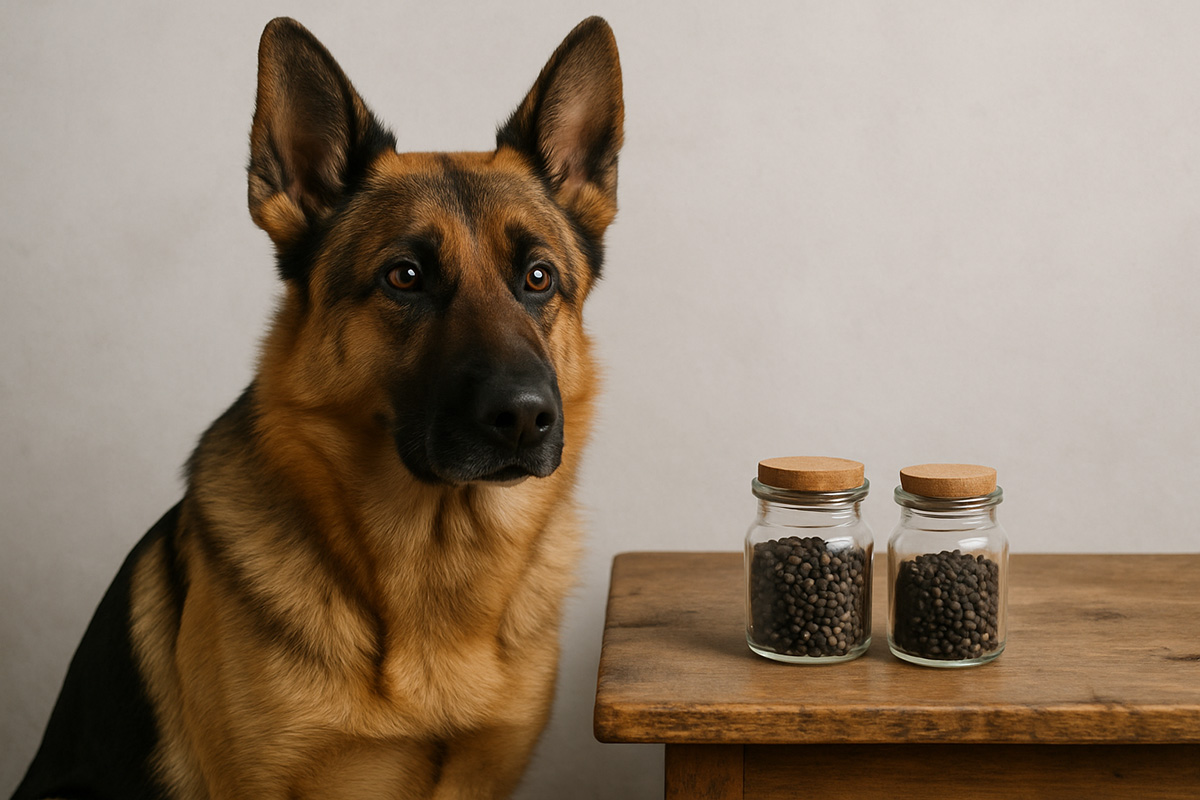 A German Shepherd sits beside a wooden table with two glass jars filled with whole black peppercorns, creating a visual cue for the question: can dogs eat black pepper? The neutral background and curious dog expression add to the informative and cautious tone of the topic.