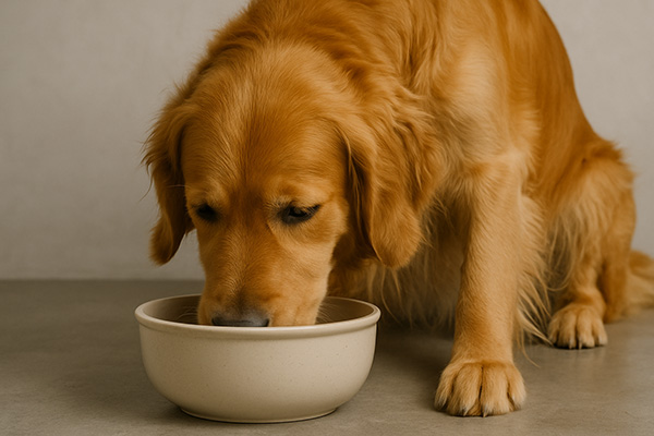 A Golden Retriever drinks water from a beige ceramic bowl on a neutral-colored floor, capturing a quiet moment of hydration.