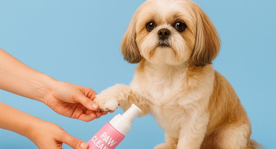 A small, fluffy dog with tan and white fur is having its paw cleaned with foam from a pink bottle labeled "Paw Cleaner." One hand holds the dog’s paw while the other dispenses the foam, all set against a solid light blue background.