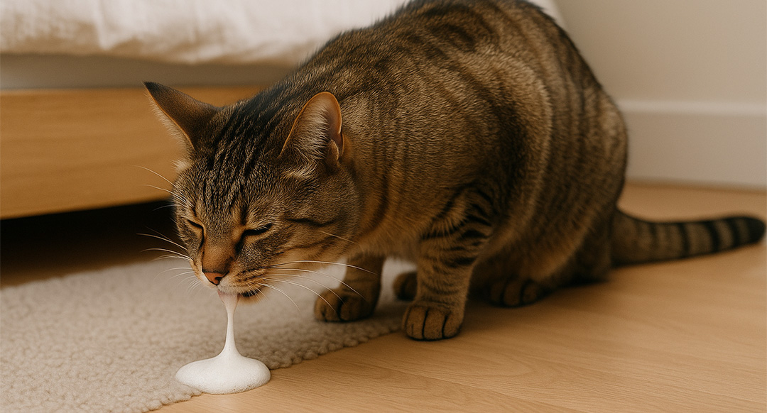 A tabby cat crouches on a wooden floor next to a bed, vomiting a stream of white foam onto a rug. The cat’s eyes are squinted and its body tense, indicating discomfort or illness.