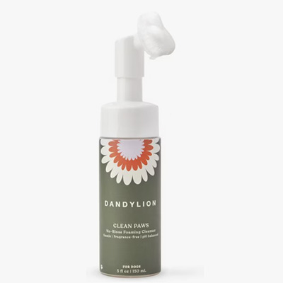 A bottle of Dandylion Clean Paws no-rinse foaming cleanser for dogs, shown with a dollop of foam at the top. The minimalist label features a stylized flower design and describes the product as gentle, fragrance-free, pH balanced, and ideal for sensitive skin.