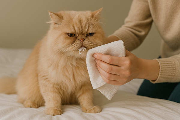 A fluffy, light-orange Persian cat sits on a bed with white foam around its mouth as a person gently wipes it clean with a cloth. The cat appears uncomfortable or irritated, suggesting it may be sick or experiencing a reaction.