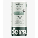 Cylindrical packaging of Fera PawBiome Pet Balm, labeled as USDA organic and veterinarian-formulated, for soothing noses, paws, elbows, and skin of dogs and cats.