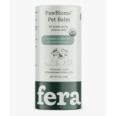 Fera pets PawBiome Pet Balm Cylindrical packaging of Fera PawBiome Pet Balm, labeled as USDA organic and veterinarian-formulated, for soothing noses, paws, elbows, and skin of dogs and cats.