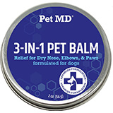 Round metal tin of Pet MD 3-in-1 Pet Balm, designed to relieve dry noses, elbows, and paws, specifically formulated for dogs.