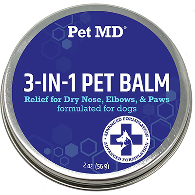Pet MD Dog Paw Balm Round metal tin of Pet MD 3-in-1 Pet Balm, designed to relieve dry noses, elbows, and paws, specifically formulated for dogs.