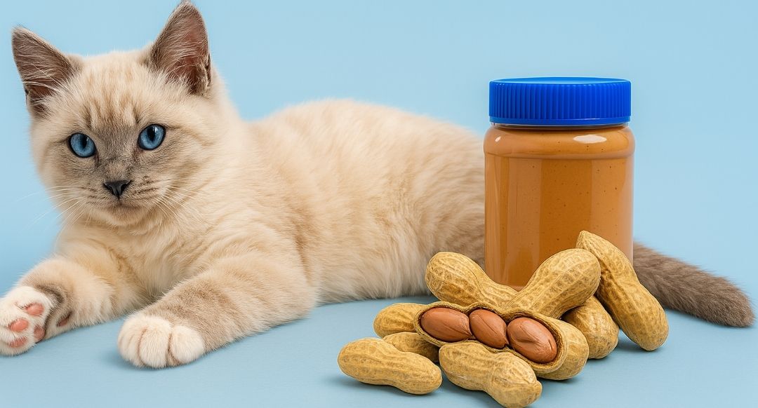 A cream-colored cat with striking blue eyes lounges next to a jar of peanut butter with a blue lid and a pile of unshelled peanuts, one of which is cracked open to reveal the nuts inside. The background is a solid light blue, creating a clean and playful setting.