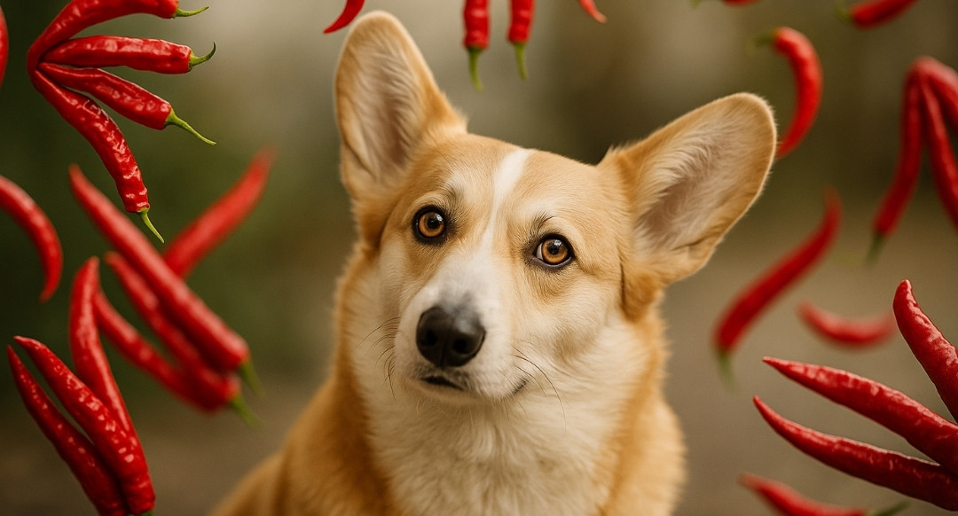 A curious-looking Corgi with tan and white fur stares ahead while surrounded by floating red chili peppers. The contrast between the dog’s innocent expression and the fiery peppers creates a playful and surreal scene.